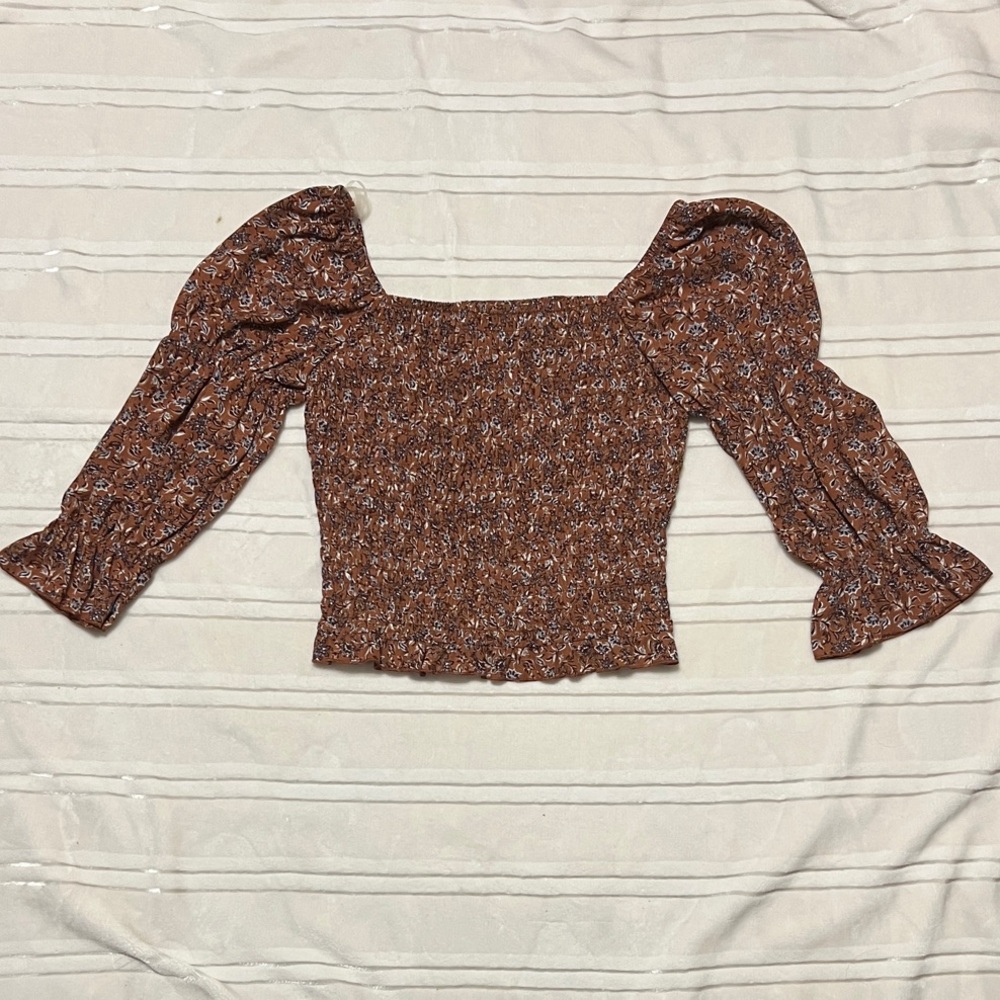 by & by Brown Floral Smocked Blouse